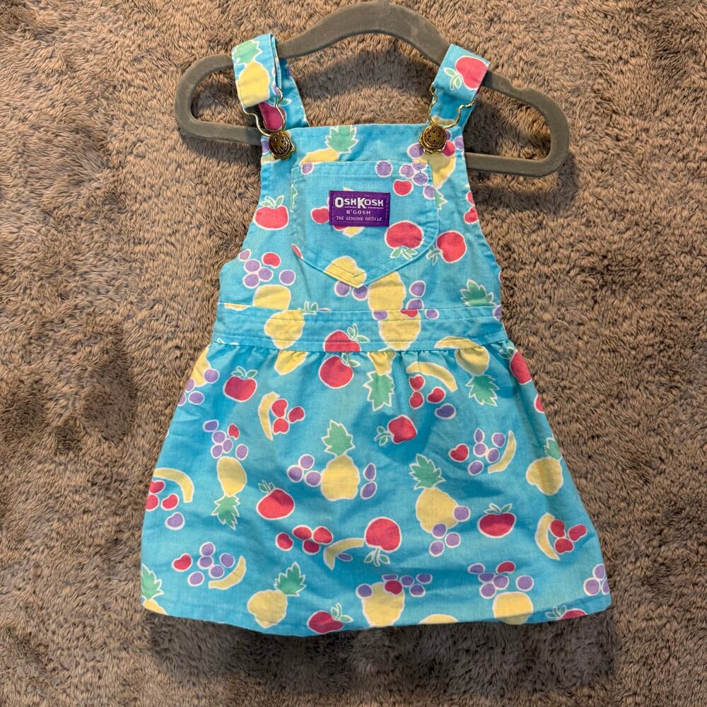 Vintage 80s 90s Oshkosh Fruit Print Blue Overalls Dress Jumper Pinafore 2T - Picture 1 of 9